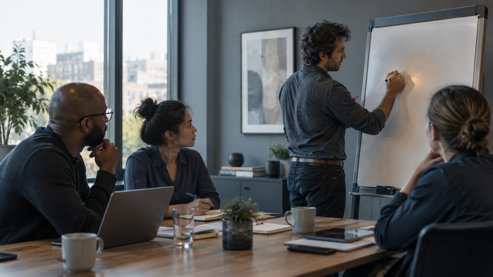 A small team in a meeting room, one person writing a single decision on a whiteboard while the others watch.