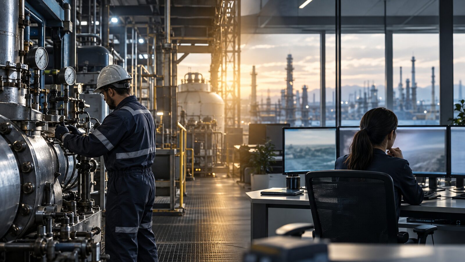 A plant-floor engineer working on equipment on one side, an analyst reviewing enterprise systems on the other, one continuous operation.