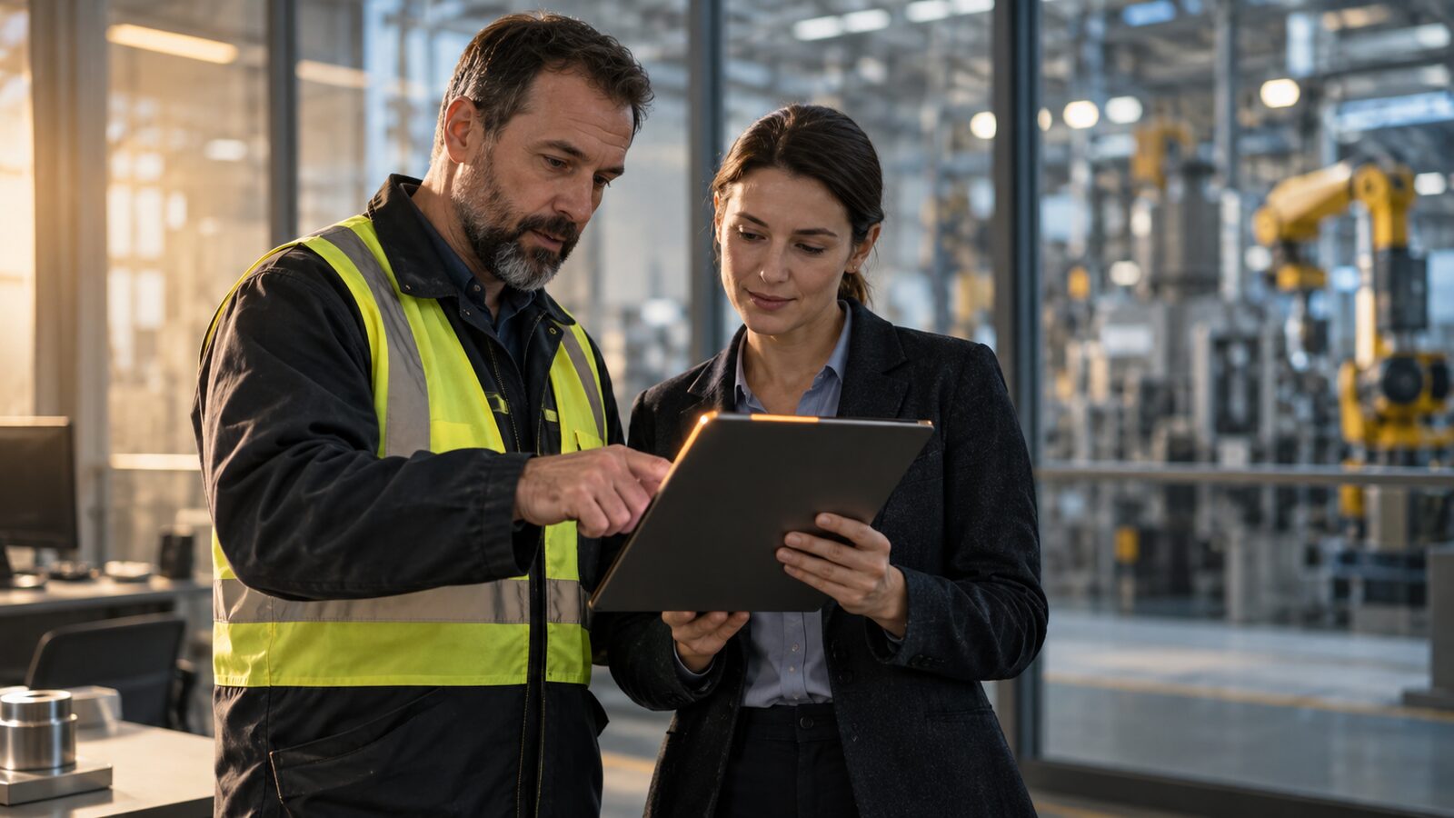 A plant operator and a business advisor reviewing the same tablet on the shop floor.