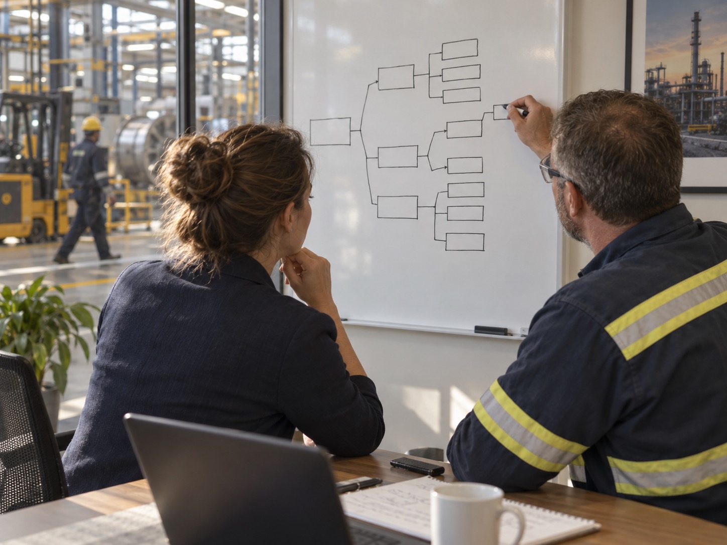 Advisor and plant team mapping an issue tree on a whiteboard during a shop-floor diagnostic