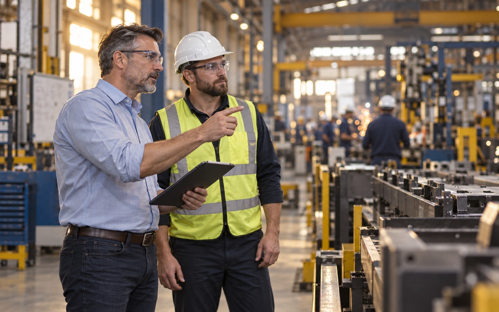 Advisor reviewing plant operations on the shop floor
