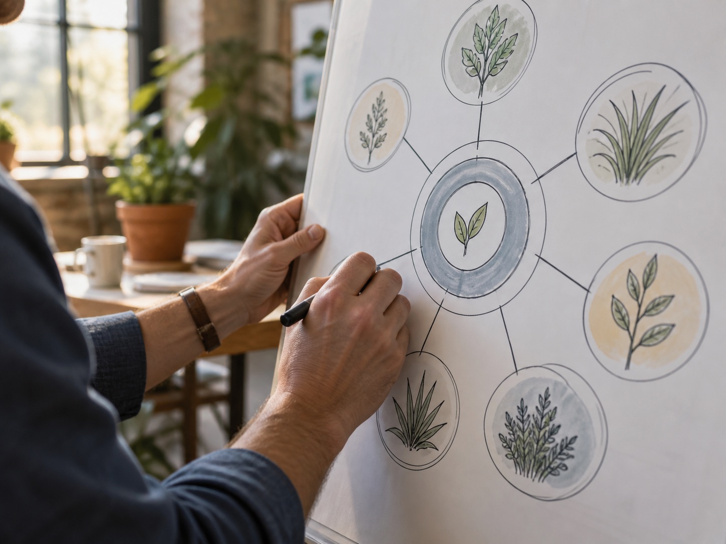 Architects sketching a core-versus-edge blueprint diagram across multiple plant sites