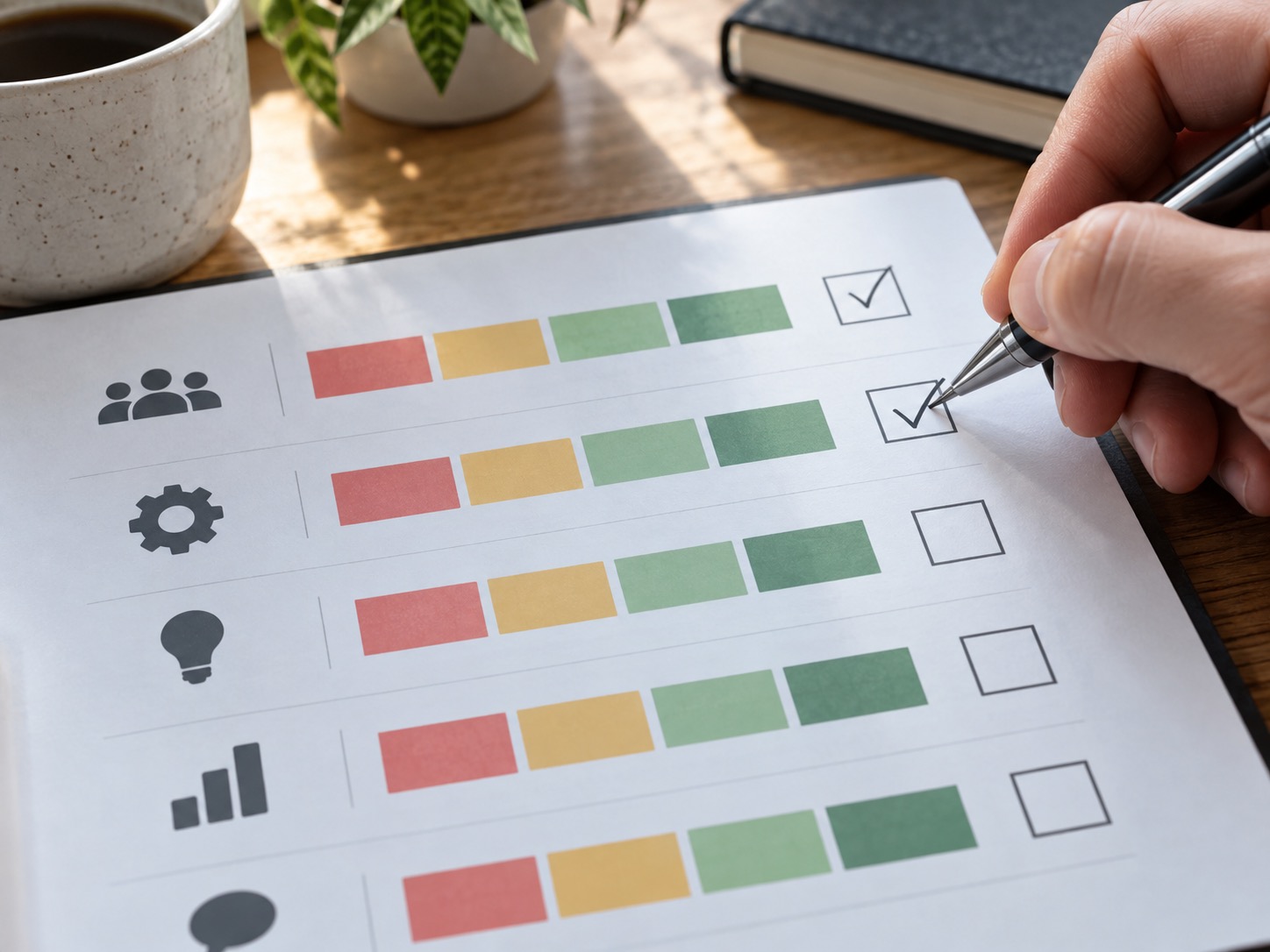 Close-up of a confidence-graded program review scorecard