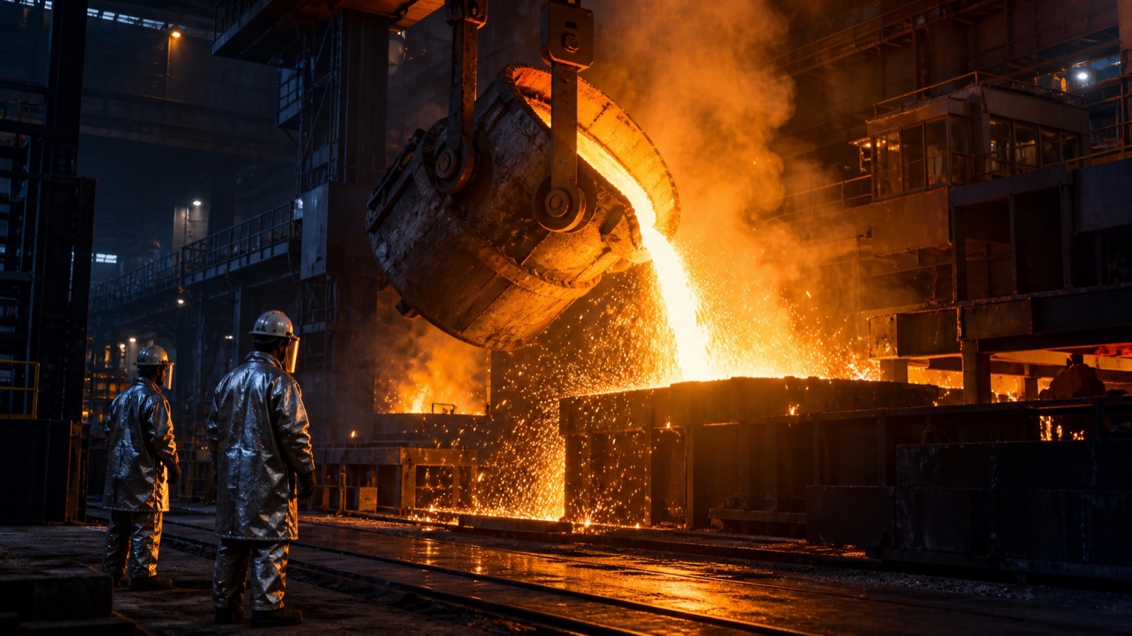 Steelworkers in reflective protective gear watching molten steel being poured from a ladle in a melt shop, with bright sparks and glowing orange light
