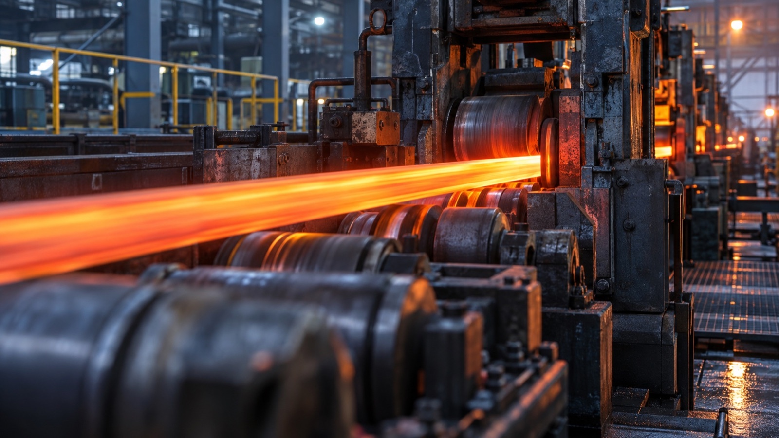 Close-up of a glowing orange steel bar moving at speed through the rolls of a hot rolling mill