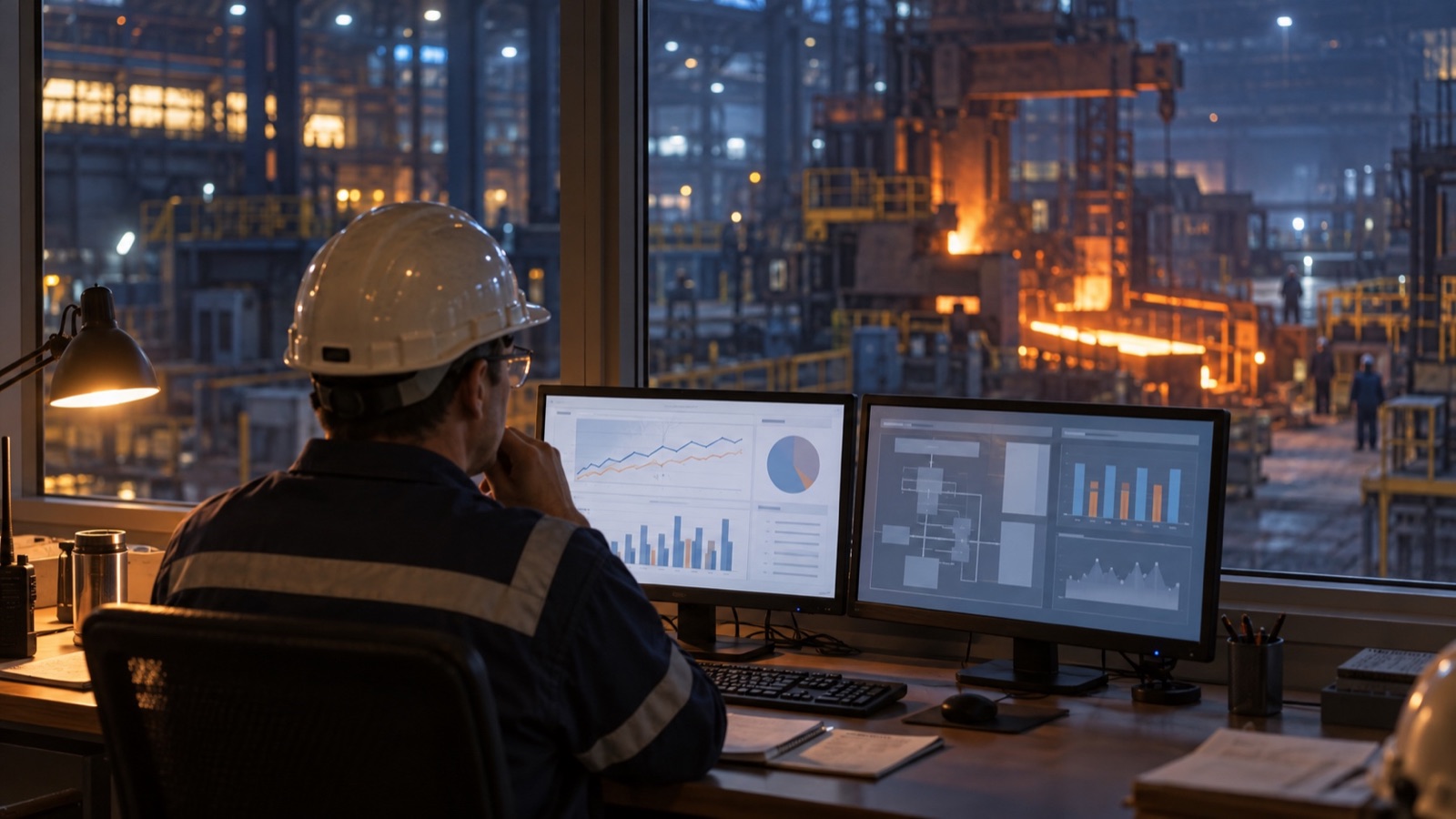 A production planner in a hard hat reviewing dashboards at a desk overlooking a steel plant floor at night