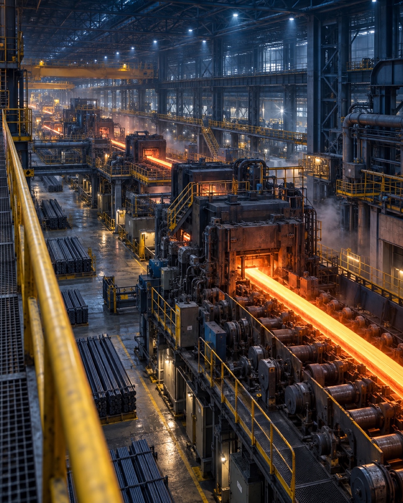 Elevated view of a long products rolling mill floor with a hot steel bar glowing orange as it passes through the rolling stands