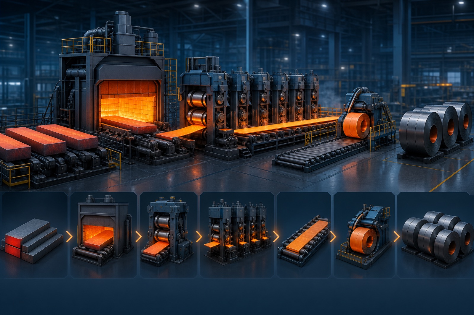 The journey of a steel slab through the reheating furnace, rolling stands, and coiler to a finished hot-rolled coil