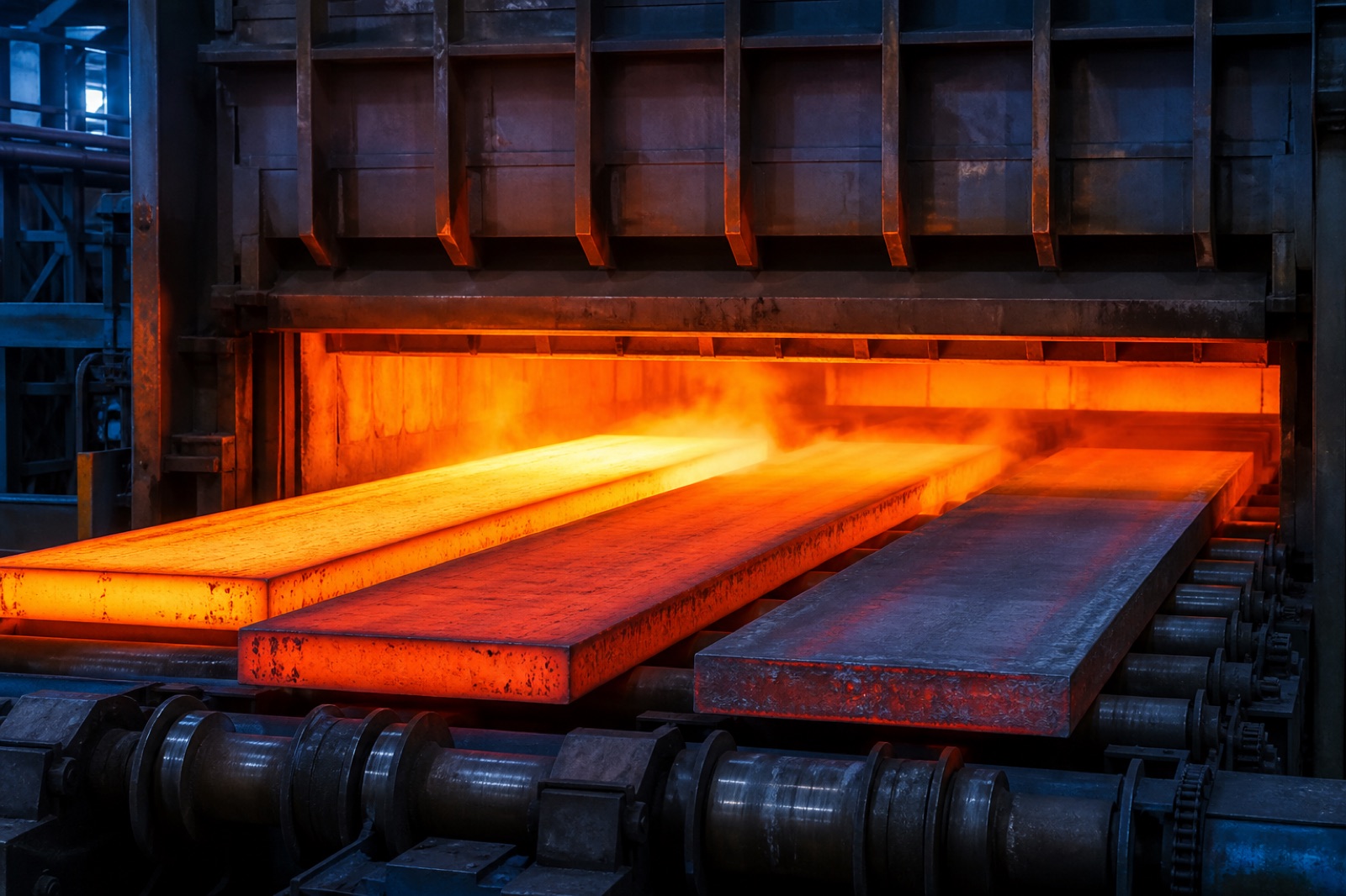 Steel slabs entering a reheating furnace with a stable, glowing thermal profile