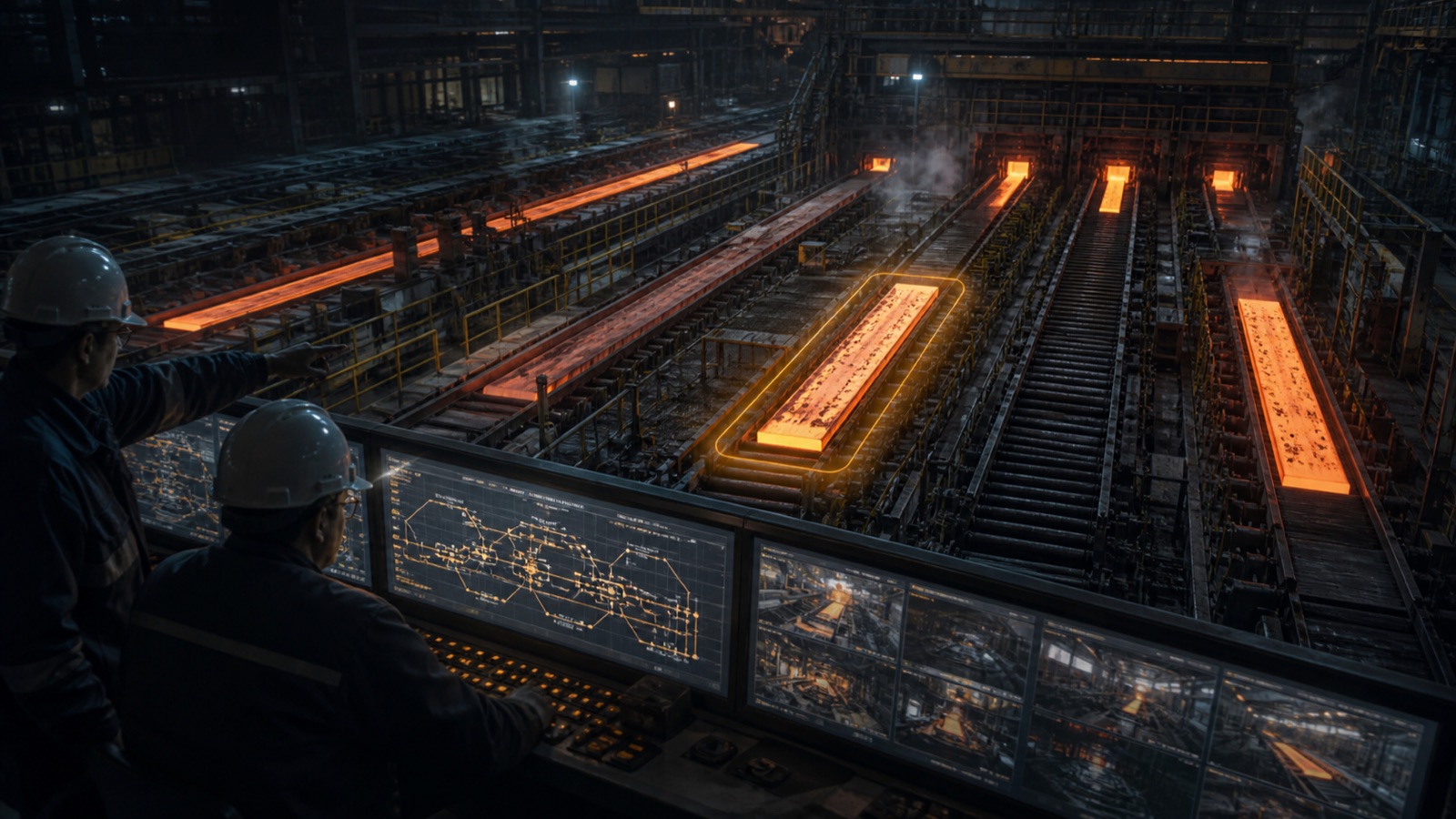 A hot strip mill during a controlled disruption, with alternative material paths available and operators reviewing options
