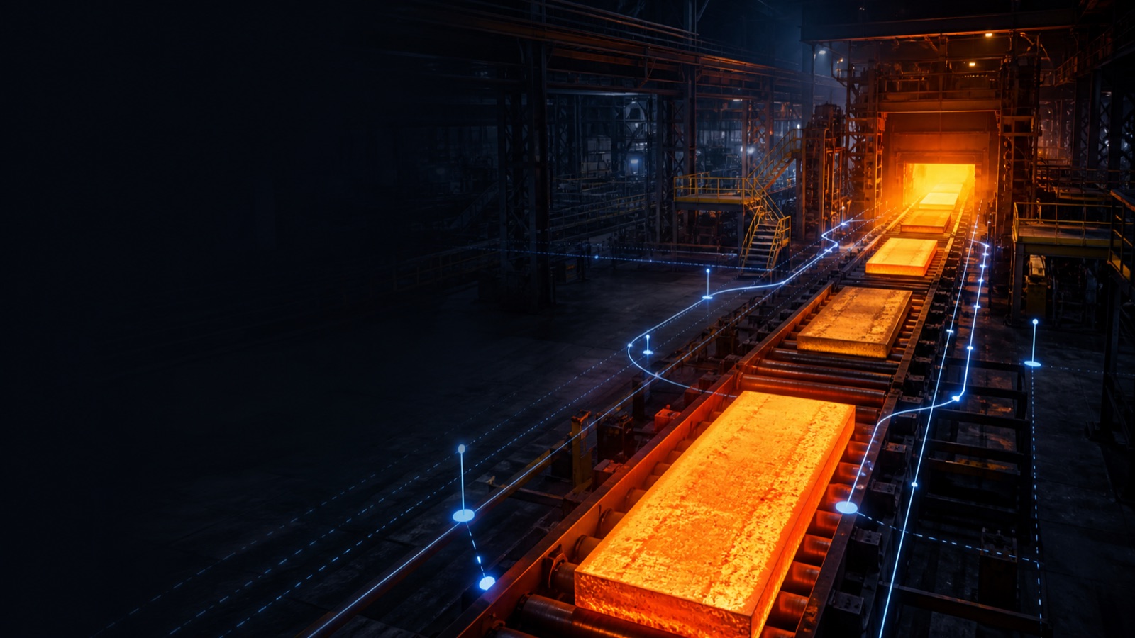 Inside a modern hot strip mill, glowing steel slabs moving toward the reheating furnace and rolling line