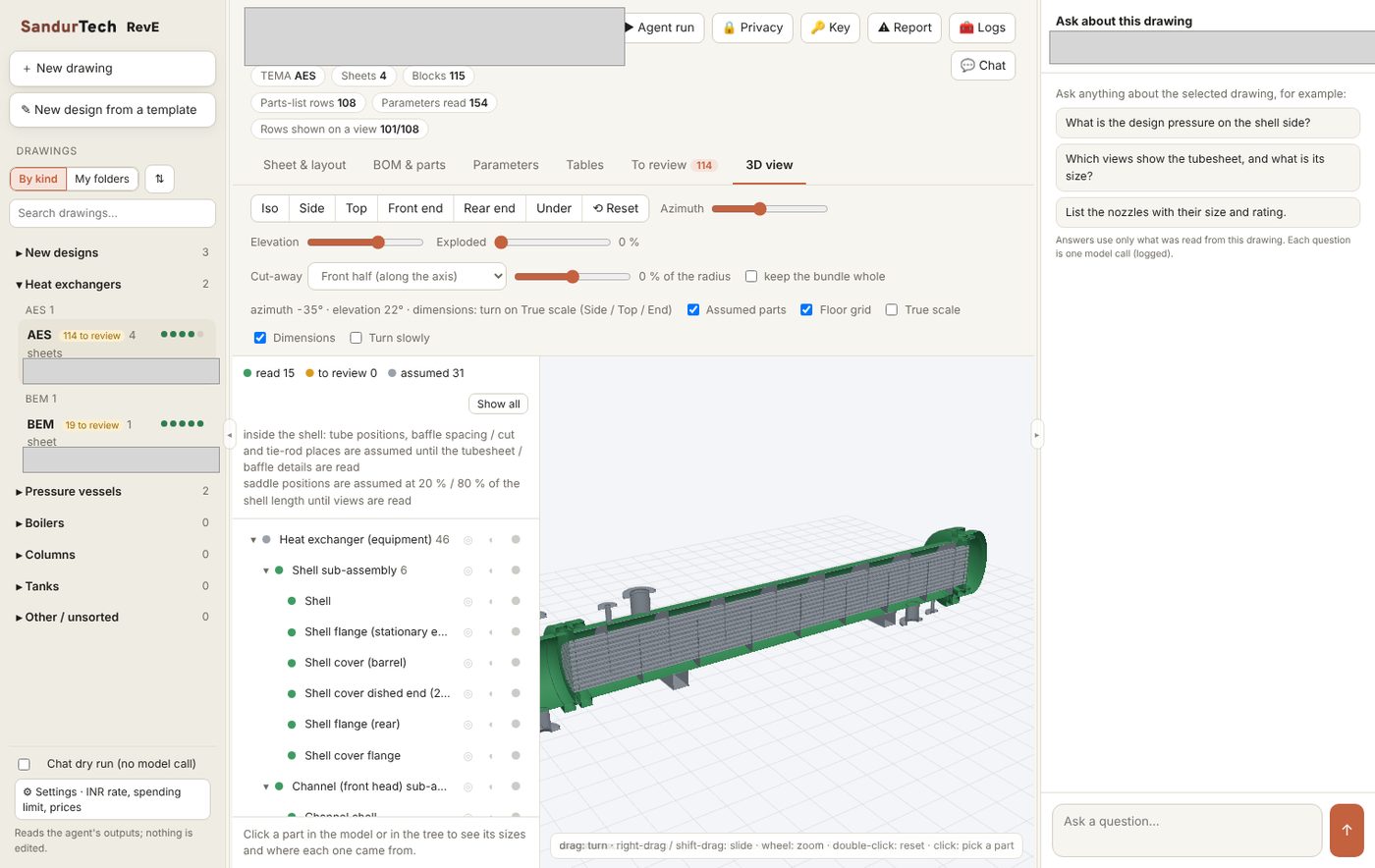 3D cut-away view of a heat exchanger built from the read drawing, with read parts in green and assumed parts in grey