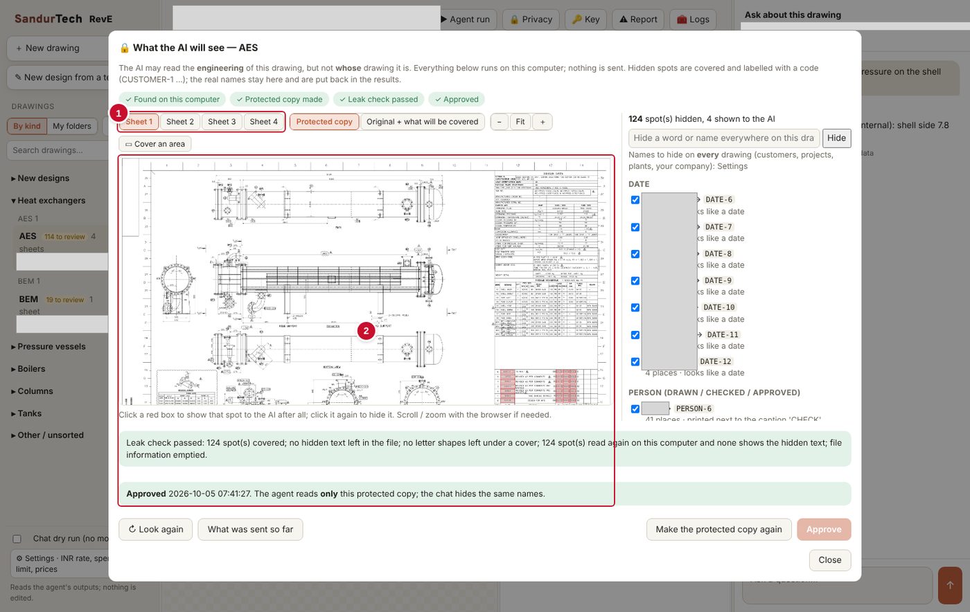 What the AI will see screen showing a protected copy of the drawing, a passed leak check and the list of hidden spots with codes