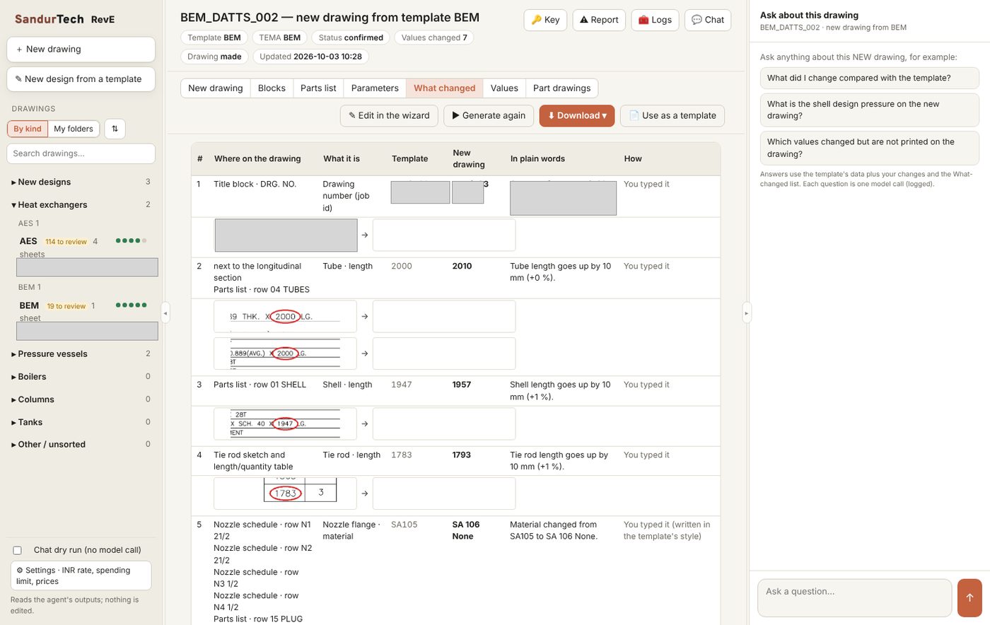 What changed list showing each changed value with its location, old and new value and before-and-after pictures