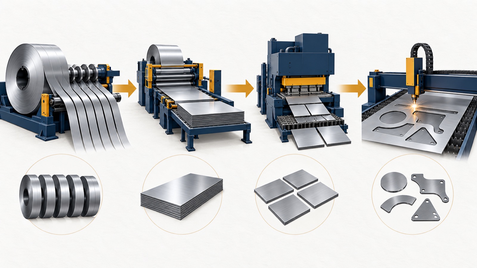 Four connected processes shown left to right: slitting a mother coil into narrow coils, cutting a coil into sheets, blanking sheets into rectangular blanks, and profile-cutting sheet into non-rectangular automotive-style blanks.