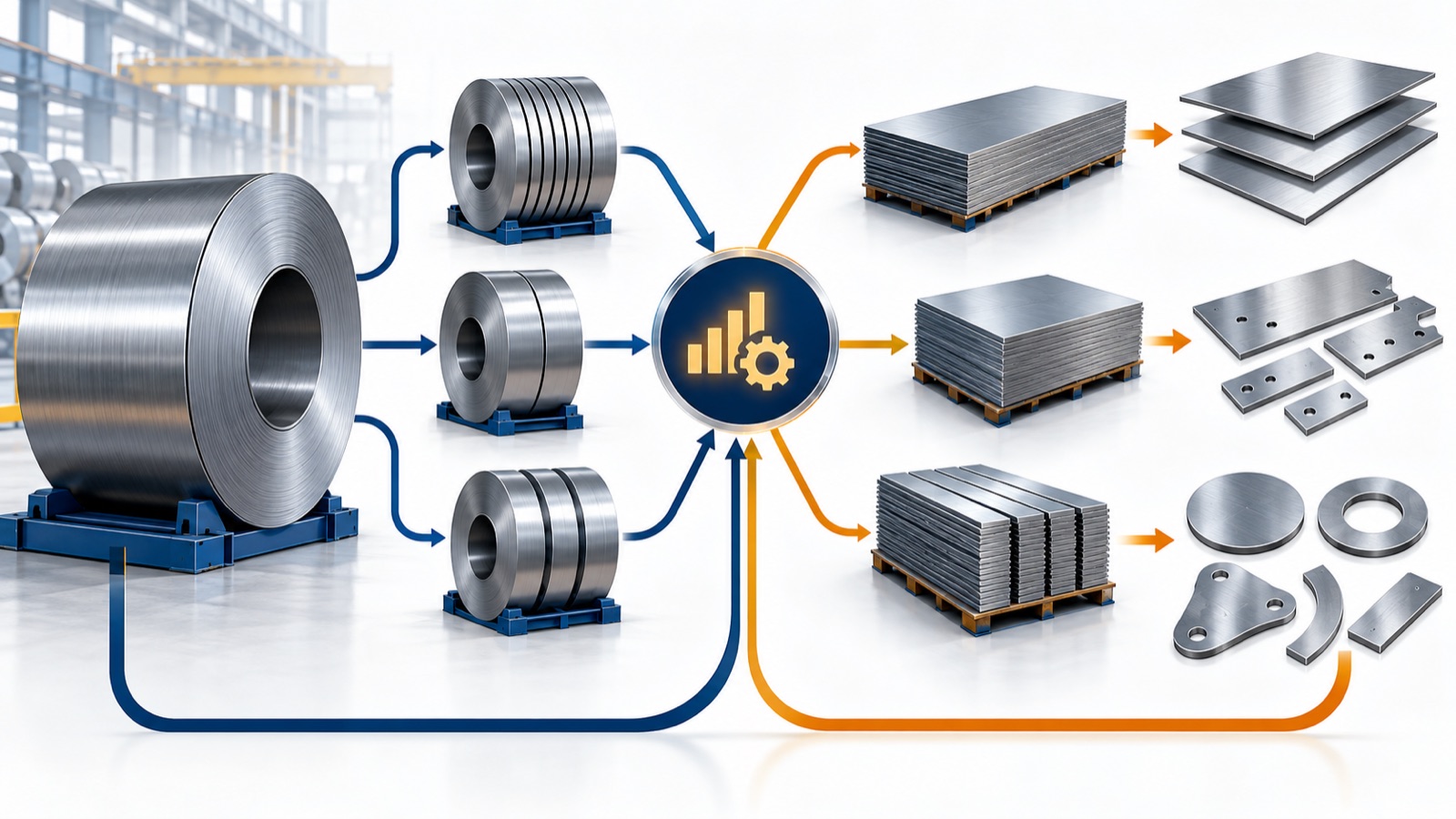 A single mother coil branching into narrower child coils, then sheets, converging through a planning decision point, and diverging again into a range of finished automotive-style blank shapes.