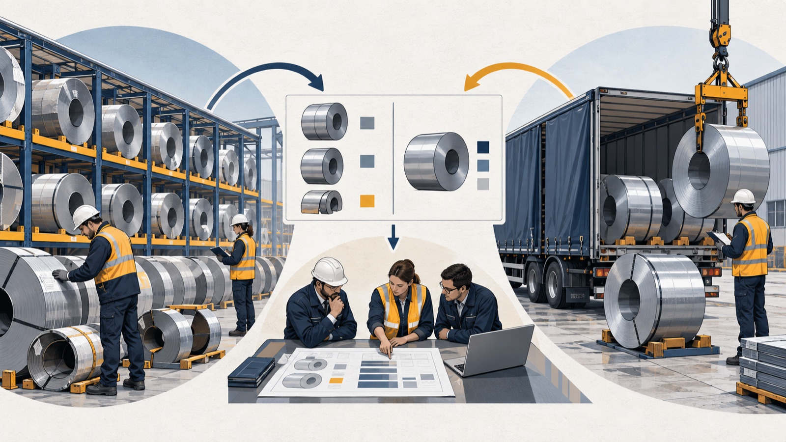 Split view: on the left, an inventory yard with coils being inspected and selected for current orders; on the right, a planner reviewing a specification sheet against an incoming supplier delivery.