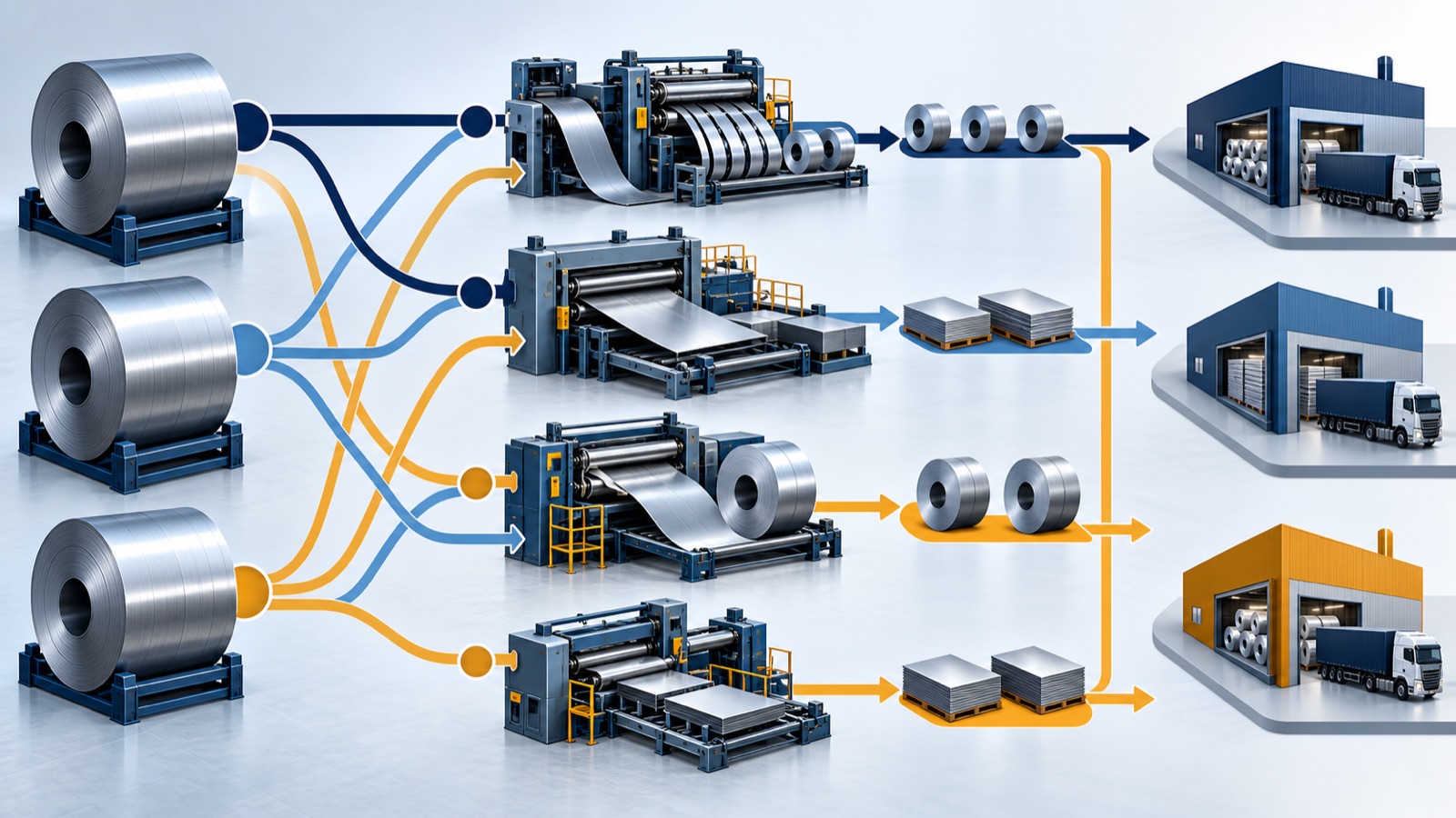 Three mother coils connecting through multiple lines to five distinct customer orders, illustrating many-to-many allocation, with each finished child coil traced back to a single order.