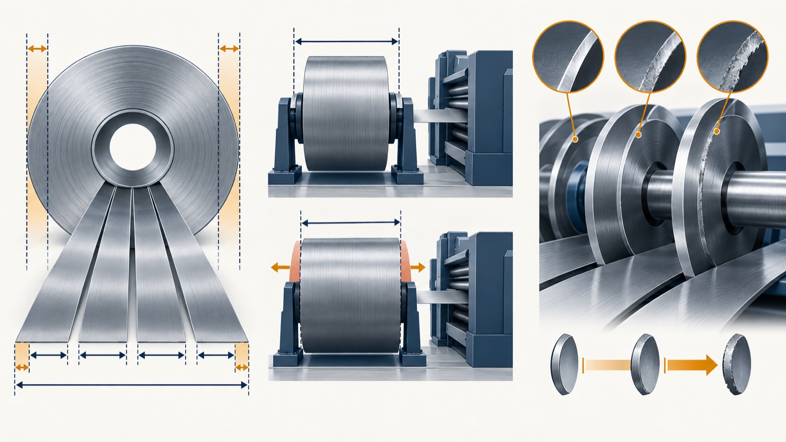 Three panels: acceptable and infeasible strip widths cut from a coil accounting for side trim; a machine's feasible versus over-limit input coil width; and knife tooling with a wear/life indicator.