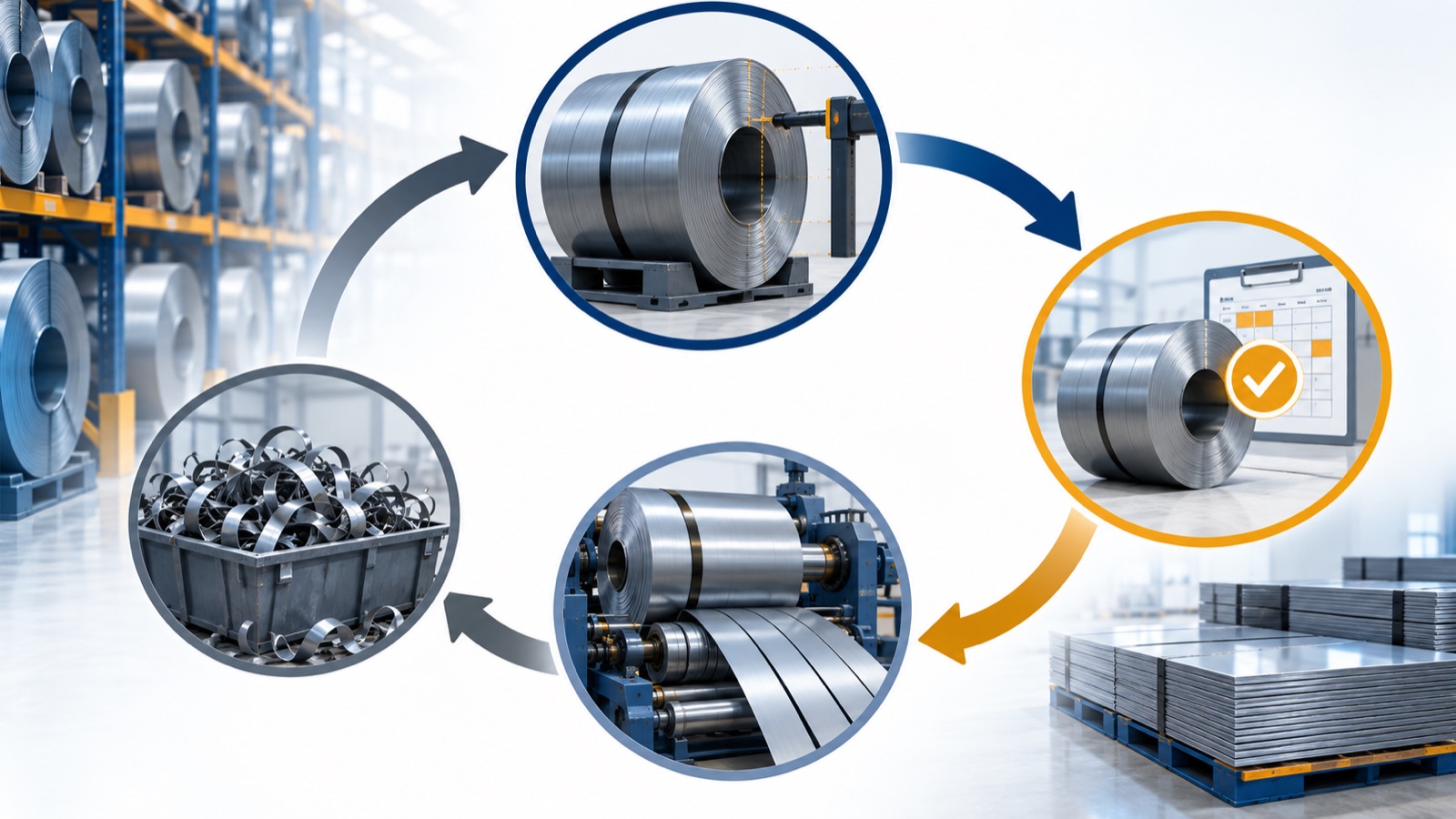 A circular flow: an existing remnant coil is measured and selected for a future order, moves through production, and becomes a finished product, with unavoidable process scrap kept clearly separate.