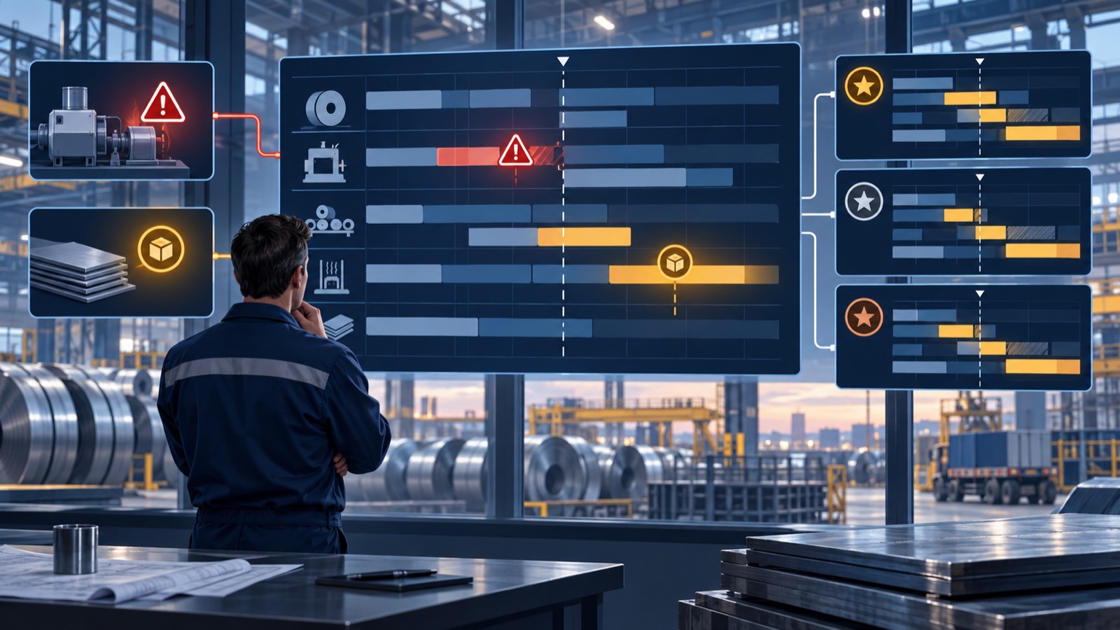 A planner reviewing a current production schedule against several ranked alternative schedules after a machine-downtime event and an urgent order both appear as alerts.