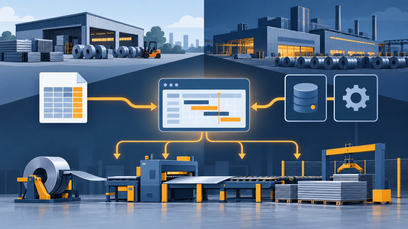 Side by side: a small service centre uploading a spreadsheet and receiving a production plan on a laptop, and a larger plant with the same engine connected to ERP and MES driving shop-floor machines.