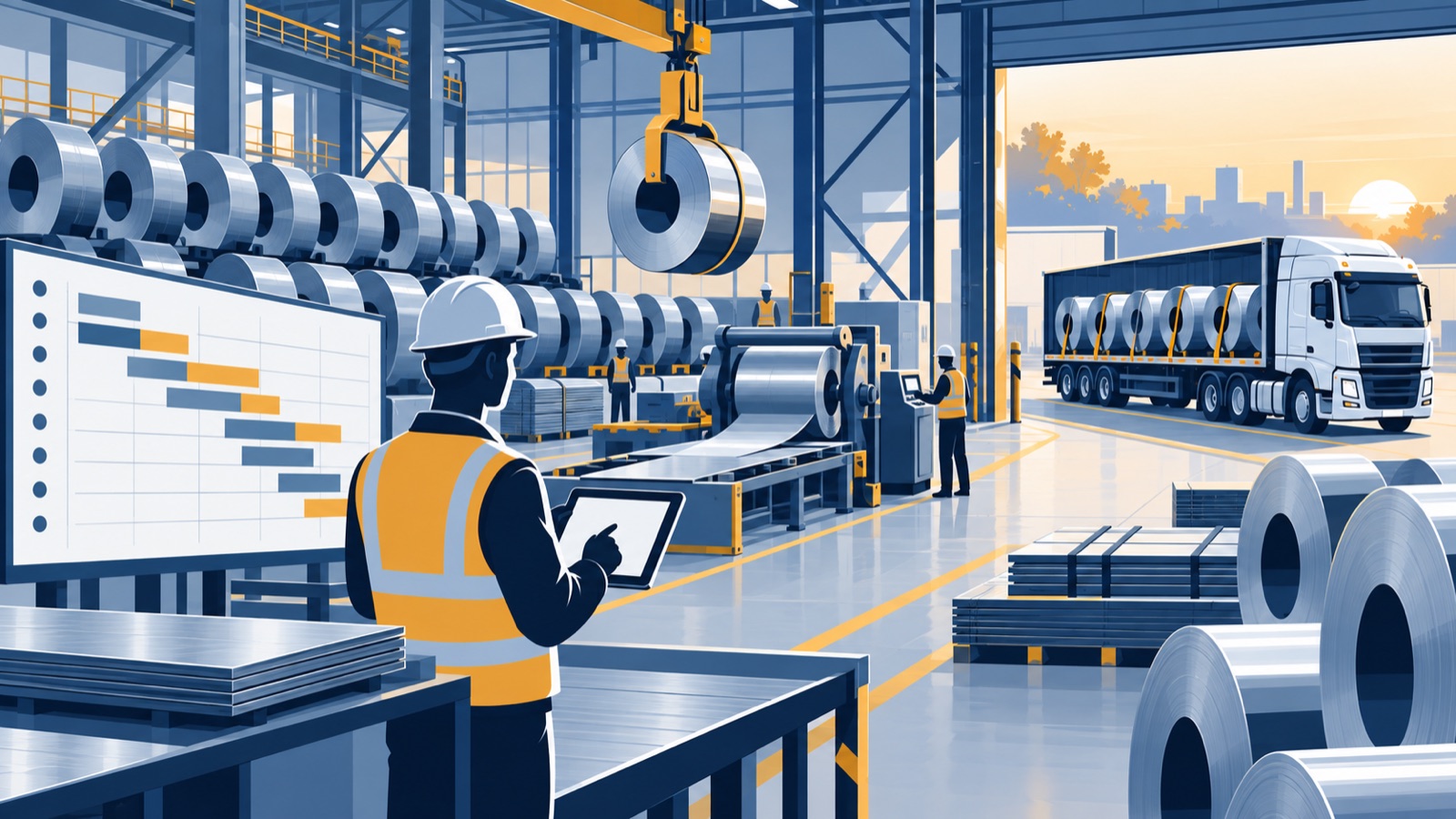 A coordinated service centre floor with organized inventory, a planner reviewing a plan on a tablet, and a delivery truck ready to leave on schedule.