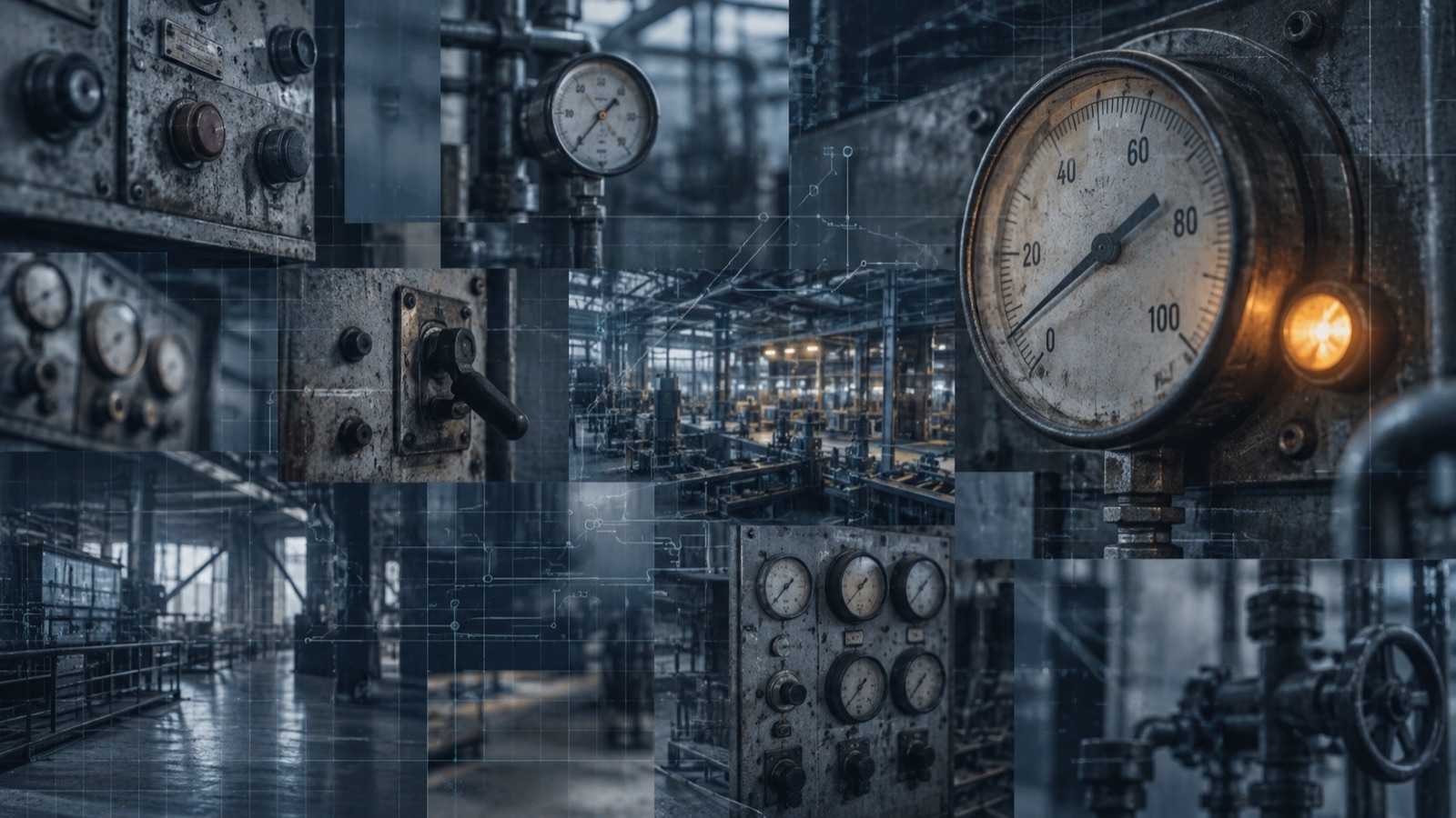 Collage of aging factory gauges, control panels, and pressure dials, each reading in isolation