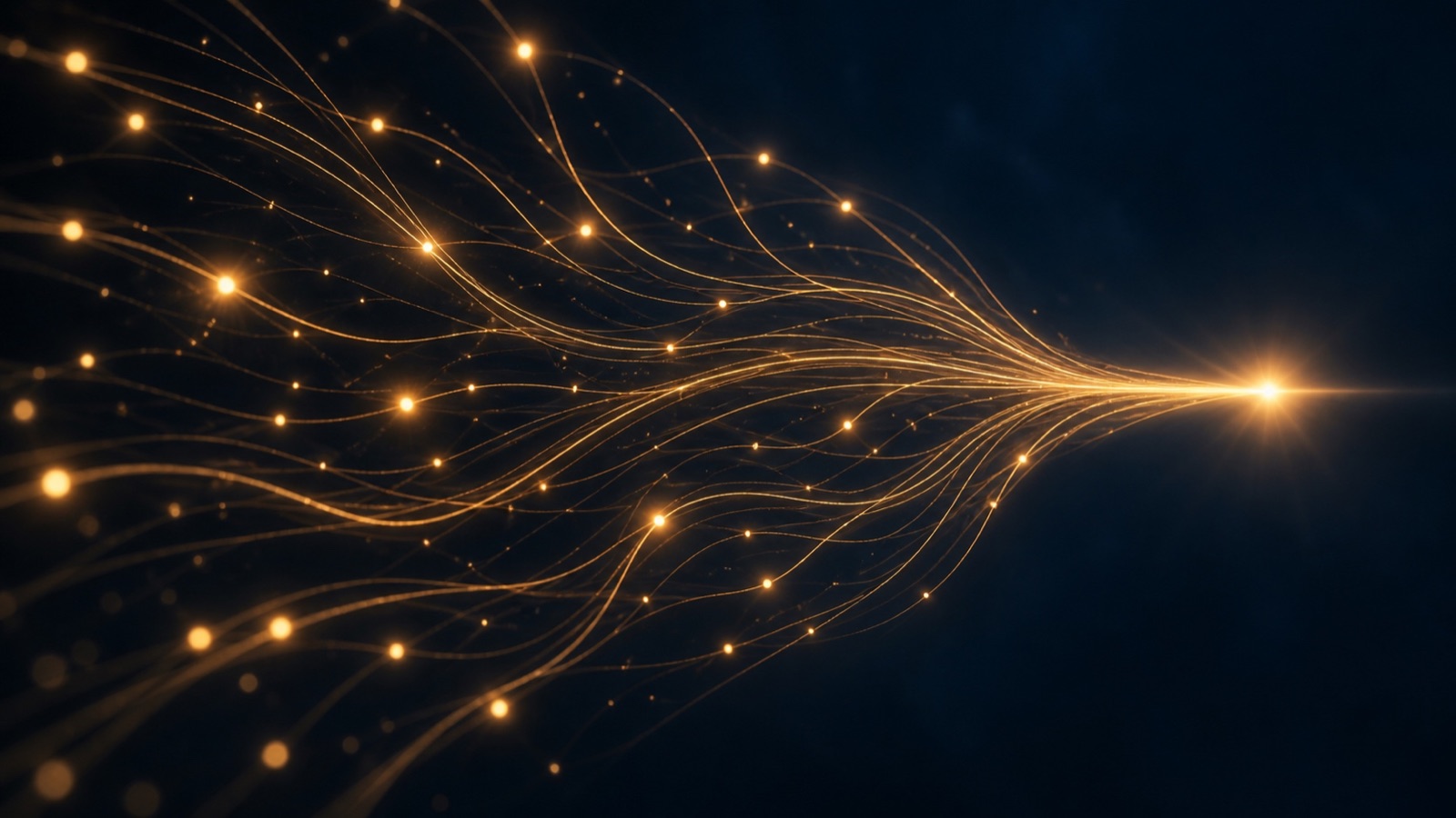 Many glowing gold threads of light converging from across a dark background into a single bright point