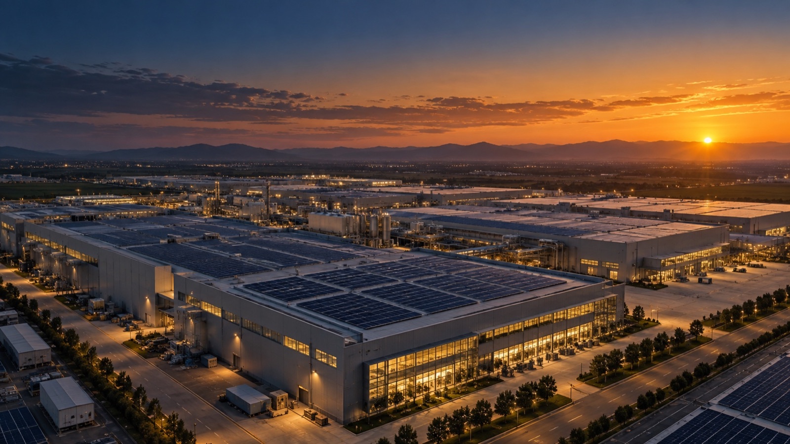 Aerial view of a large solar manufacturing campus at dusk, rooftops stretching toward the horizon