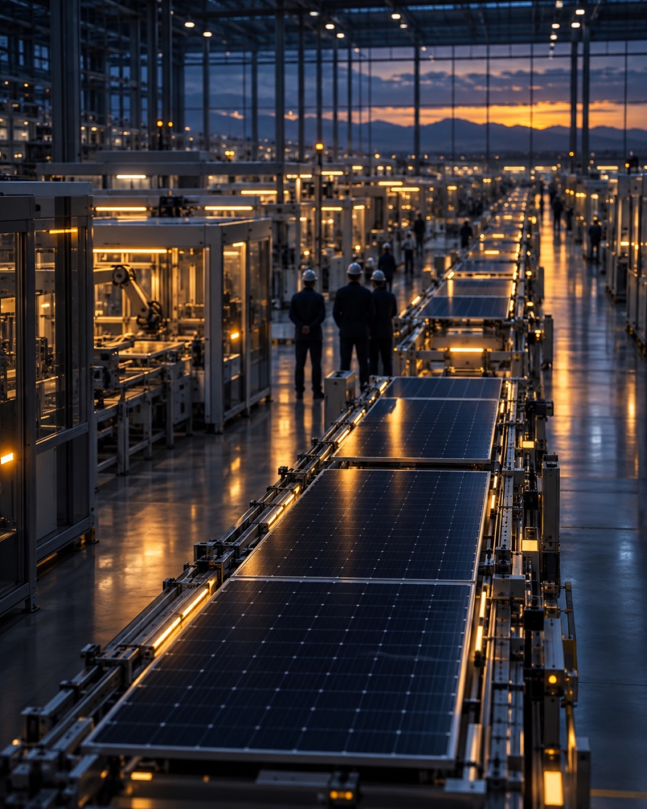 Engineers overseeing a solar module assembly line at dusk, panels moving down the conveyor toward the camera